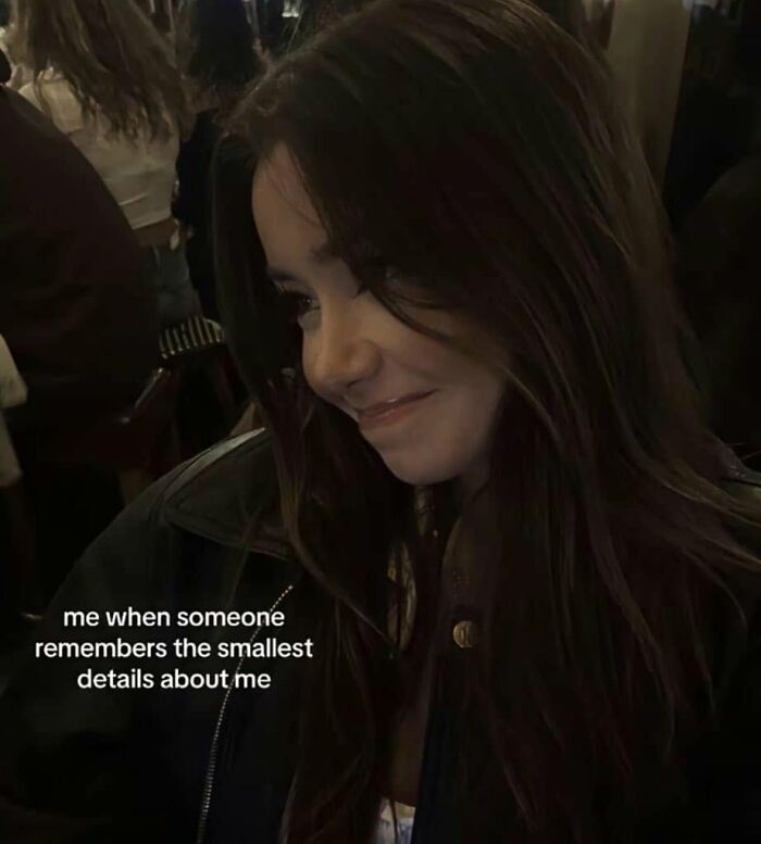 Funny post about what being a woman is really like, a smiling woman reacting to remembered details.