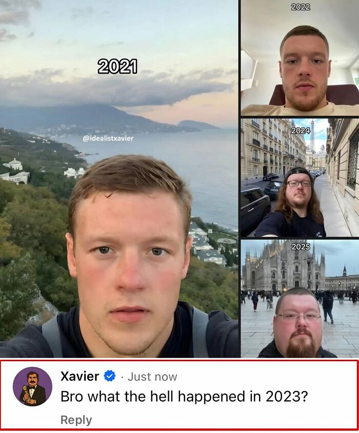 A man's face evolution from 2021 to 2025 in a series of hilarious posts by Xavier.