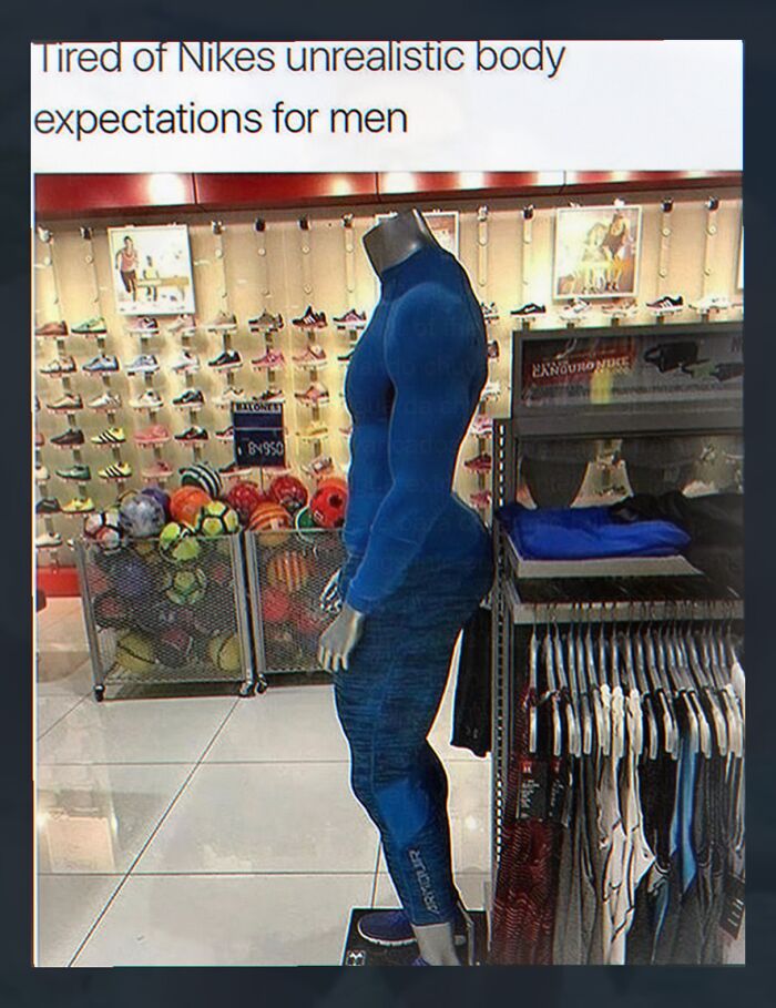 A funny meme of a highly muscular male mannequin in a Nike store, humorously critiquing unrealistic body expectations.