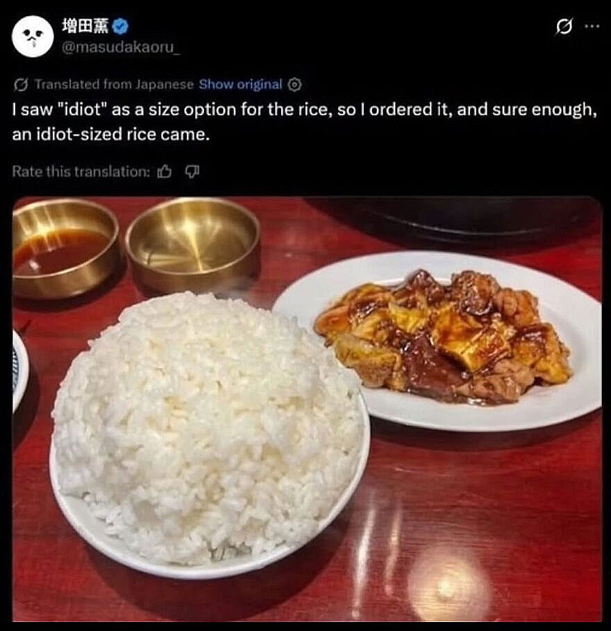 A hilariously unhinged screenshot of a comically large bowl of rice next to a plate of meat.