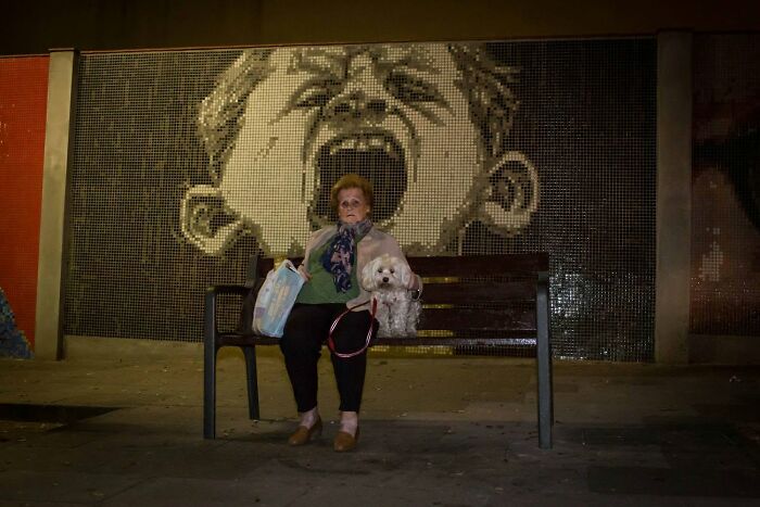 Woman with a small white dog sitting on a bench in front of a mosaic of a screaming face, a serendipitous moment captured by a street photographer.