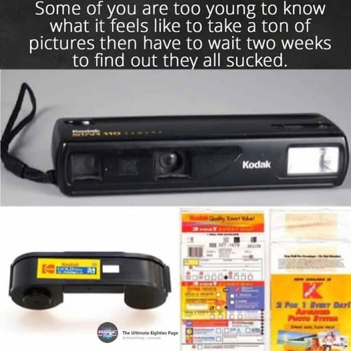 An old Kodak camera and film, a Gen X meme about waiting for photos, hitting harder than lower backs.