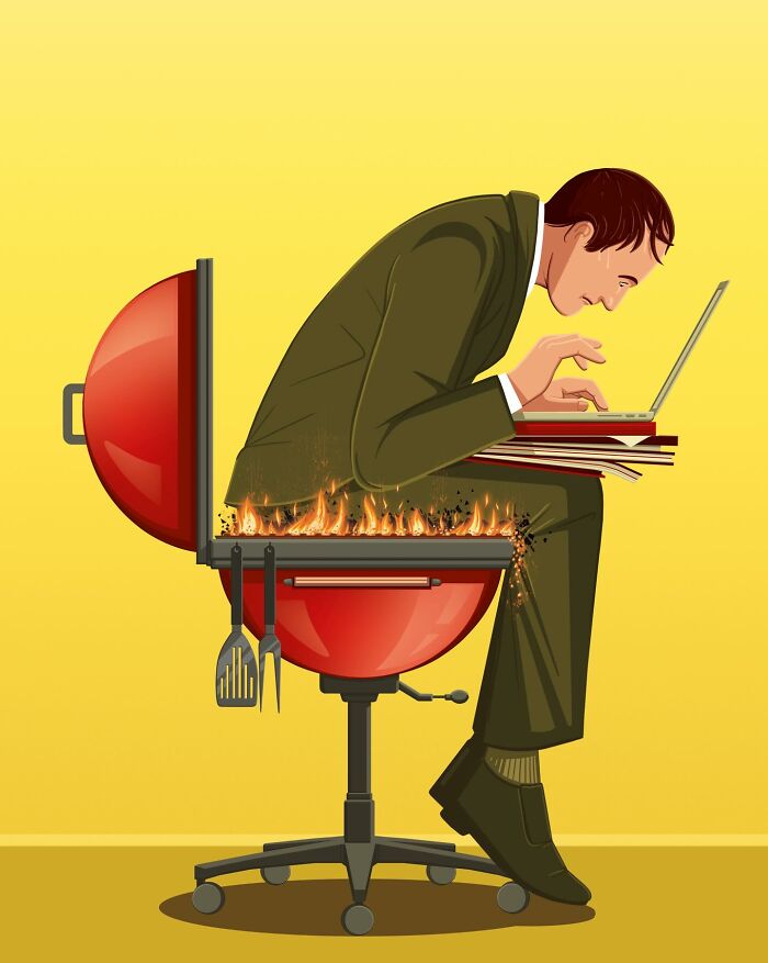 Thought-provoking illustration: a man sitting on a barbecue grill while typing on a laptop, depicting the burn-out in our lives.