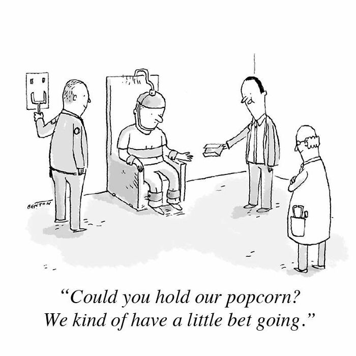 A New Yorker cartoon shows a man in a chair with scientists, asked to hold popcorn. The cartoon captures everyday absurdity.