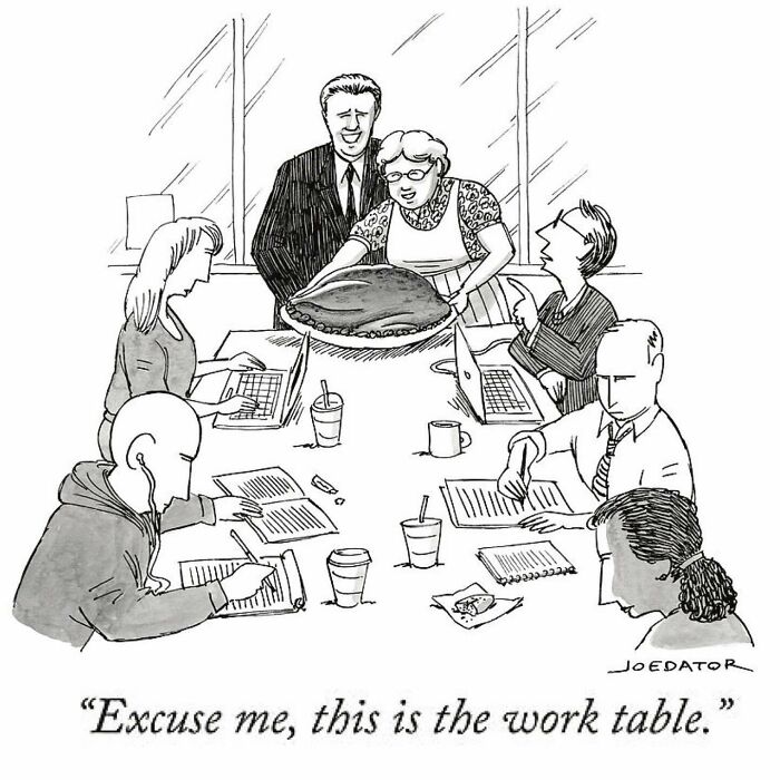 A brilliant single panel cartoonist illustration shows a cartoon office meeting interrupted by a woman serving a whole roasted turkey.