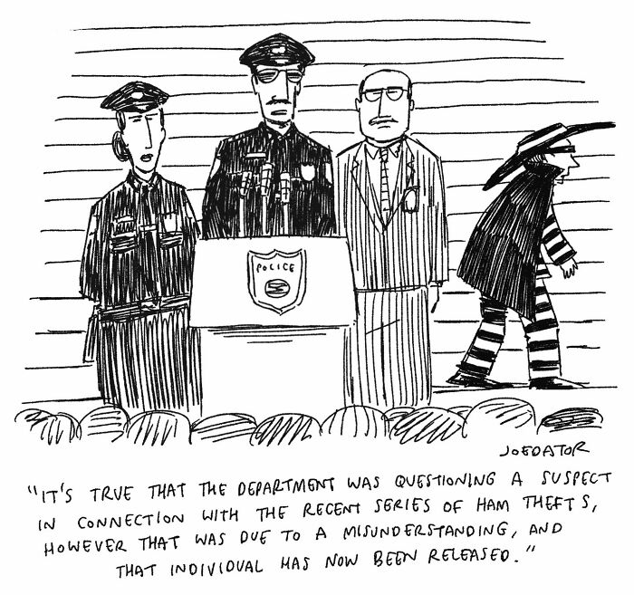 A brilliant single panel cartoonist illustration shows a cartoon police lineup with officers and a man in striped clothes.