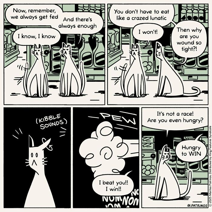 A comic depicting cats aggressively eating food, imagining how cats would be like with jobs and responsibilities.
