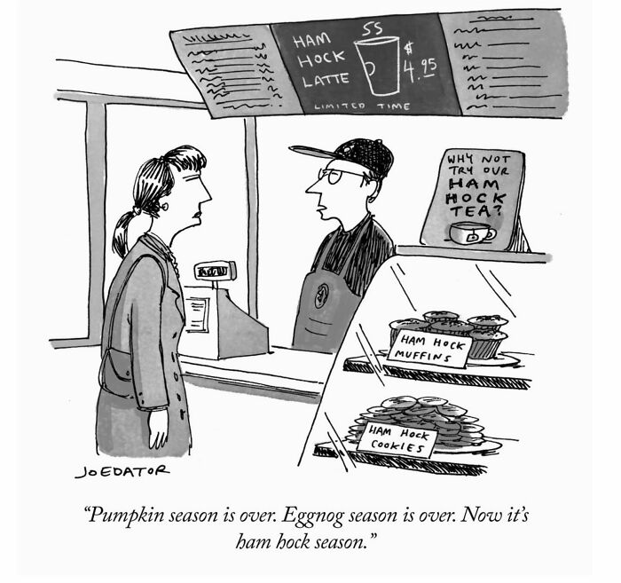 A brilliant single panel cartoonist illustration shows a cartoon barista serving ham hock themed drinks and pastries to a customer.