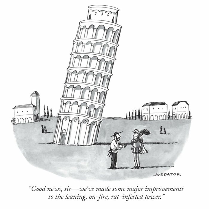 A brilliant single panel cartoonist illustration shows a cartoon man discussing improvements to the leaning tower of Pisa.