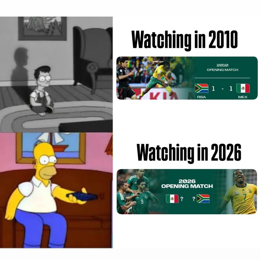 Homer Simpson watching the World Cup in 2010 and 2026, a funny meme.