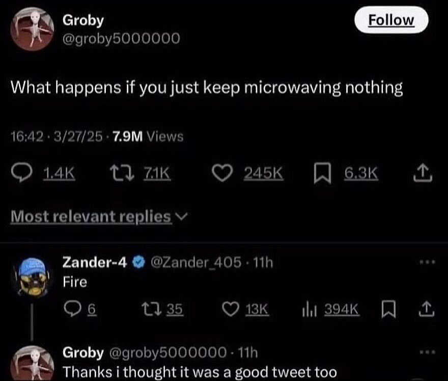 A hilariously unhinged screenshot of a tweet asking what happens if you microwave nothing, with a reply saying 'Fire'.