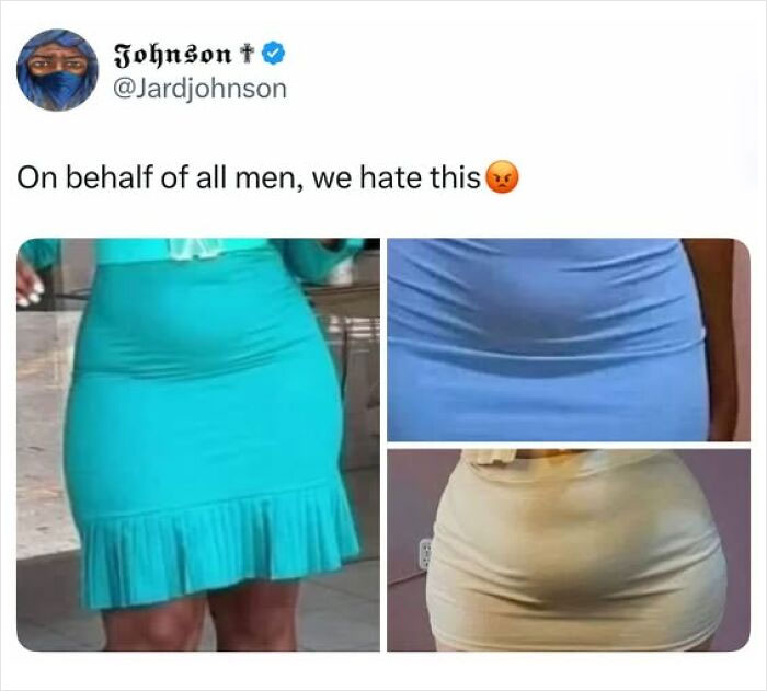 A split image shows three outfits with visible underwear lines, a funny example of guys thinking highly of themselves.