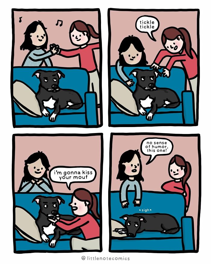 A comic featuring relationship quirks as two people play with a dog on a couch, showing relatable interaction.