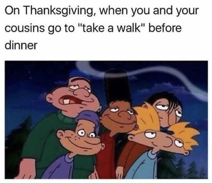 A group of animated cousins from Hey Arnold, depicting a Gen X Thanksgiving walk.