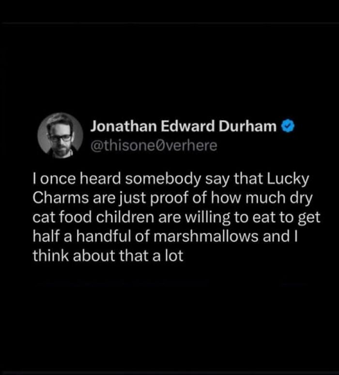 A tweet by Jonathan Edward Durham about Lucky Charms cereal, a Gen X relatable meme.