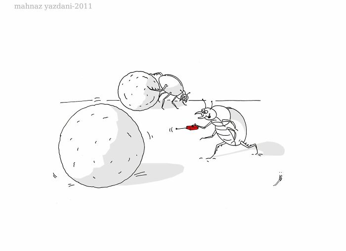 A satirical illustration of two ants rolling a snowball, with one using a tool, highlighting modern society's efforts.