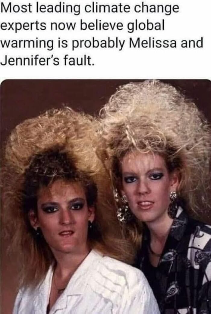 Two women with large, 80s-style hair are featured in a Gen X meme about climate change.