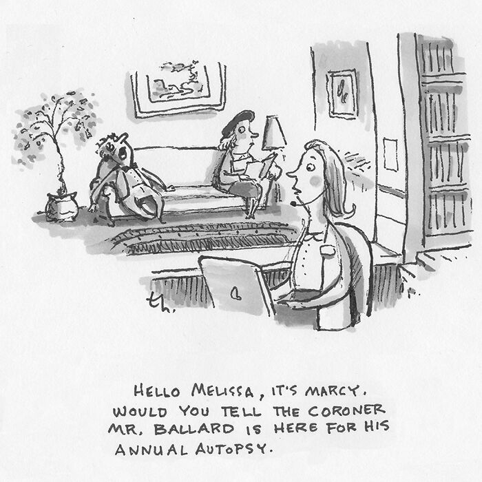 A single-panel cartoon by Tim Haggerty shows a woman on a video call in her living room, her husband on the couch.