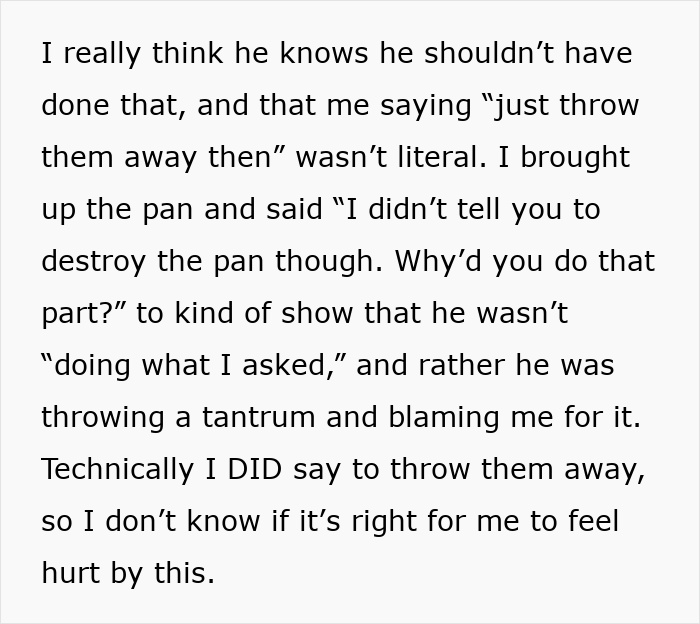 Text explaining her feelings and the destruction of her pan, a true crime story.
