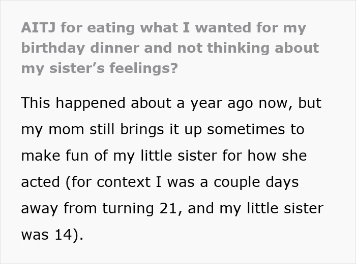 Screenshot of a Reddit post asking about a birthday dinner disaster and a teen sister crying over food.