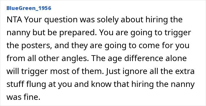 A Reddit comment advising to ignore extra criticism about hiring a nanny, focusing on the dad hiring a nanny. A Reddit comment advising to ignore extra criticism about hiring a nanny, focusing on the dad hiring a nanny.
