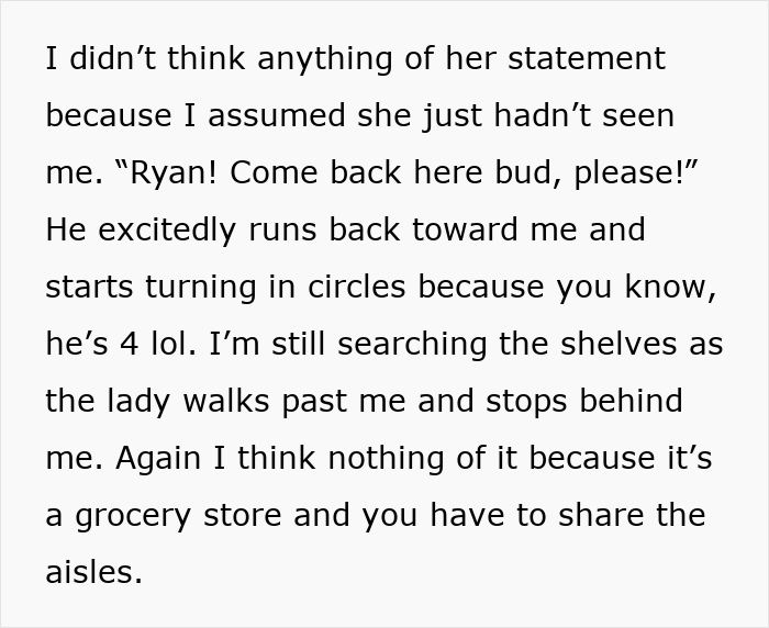 A screenshot of text showing the father dismissing the old Karen's initial interaction, unaware she will soon accuse him of kidnapping his own stepparent. A screenshot of text showing the father dismissing the old Karen's initial interaction, unaware she will soon accuse him of kidnapping his own stepparent.