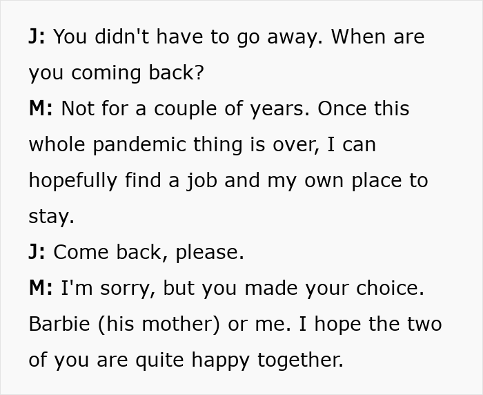 Screenshot of a text conversation where J asks M to come back, but M refuses due to J's mother.