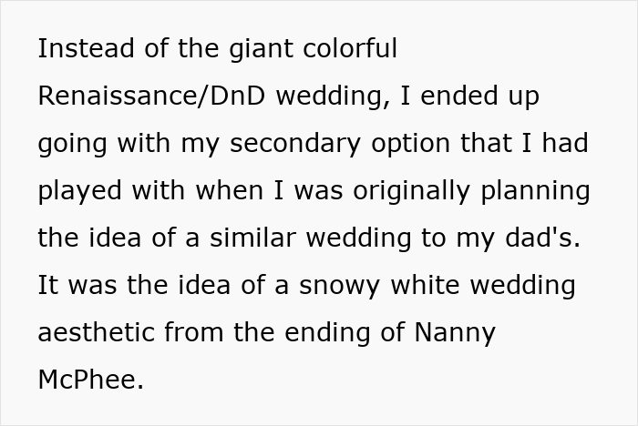 Text discussing a scary fixation over a groom, choosing a snowy white wedding aesthetic over a giant Renaissance/DnD theme.