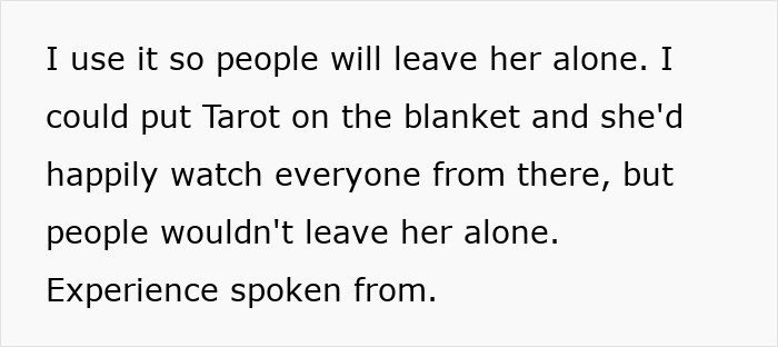 A screenshot of text explaining how a service dog is used to keep people from bothering it.