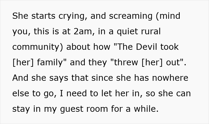 Text about Aunt crying and screaming at 2 AM, demanding housing, claiming family threw her out.