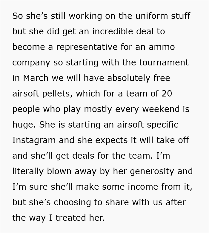 Airsoft leader learns woman secured free airsoft pellets for the squad, despite dress code conflict. Airsoft leader learns woman secured free airsoft pellets for the squad, despite dress code conflict.