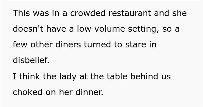Text describing a crazy MIL incident with a potion in a crowded restaurant, causing diners to stare and someone to choke.