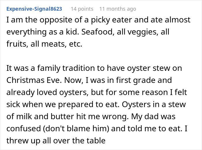 A screenshot of a Reddit comment detailing a personal experience where a teen shows a friend what happens if she's forced to eat what she doesn't want. A screenshot of a Reddit comment detailing a personal experience where a teen shows a friend what happens if she's forced to eat what she doesn't want.