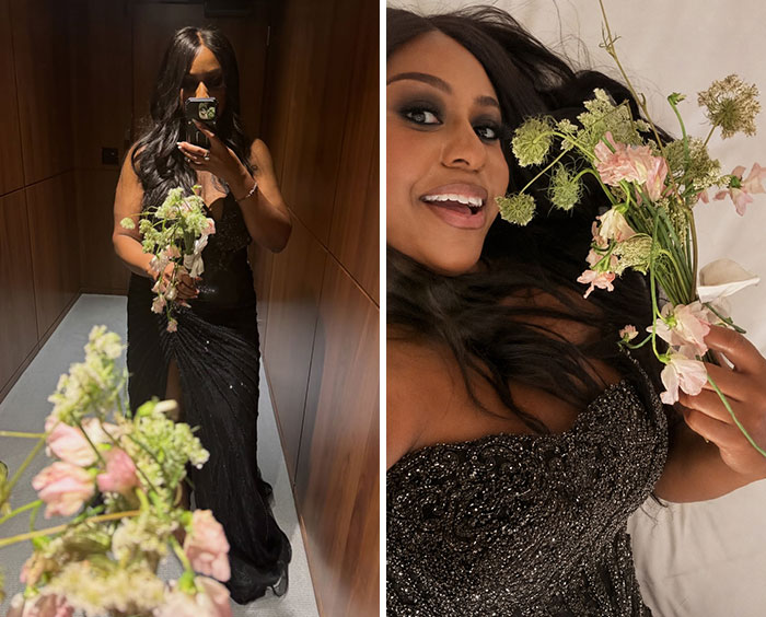 Leaked photos from Taylor Swift and Travis Kelce's wedding showing a guest in a black gown holding flowers.
