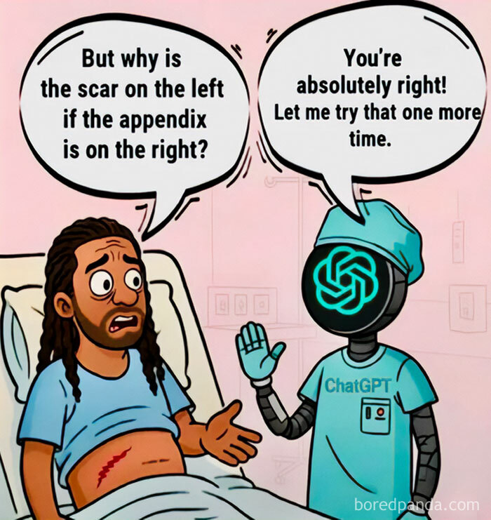 A funny meme illustrating a patient questioning ChatGPT about a medical scar, showcasing AI humor.