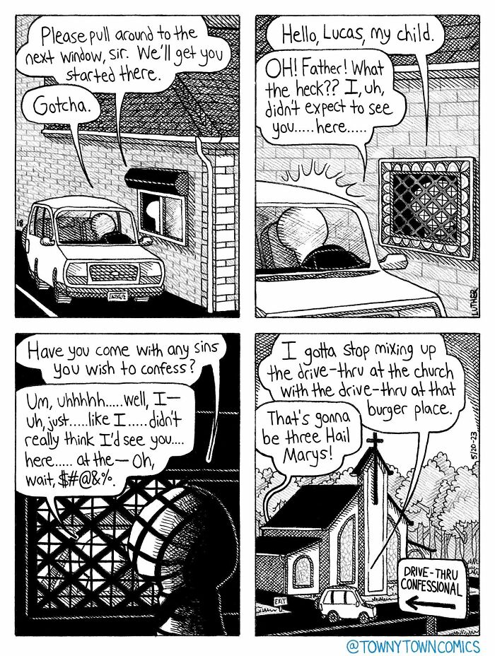 A comic depicting a drive-thru confessional, highlighting the ridiculous everyday life in the US Midwest, from Towny Town Comics.