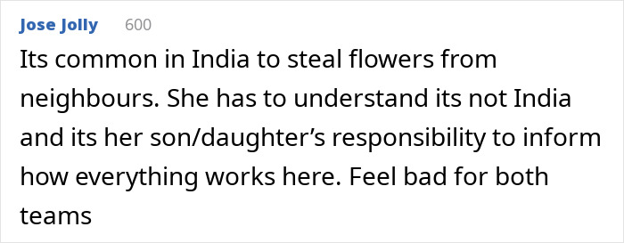 Screenshot of Jose Jolly's comment about an entitled neighbor treating a man's garden like a free florist.