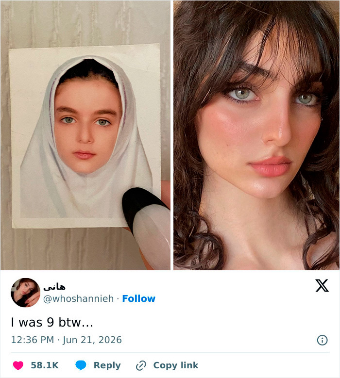 A powerful side-by-side of a young girl in a hijab and the same woman grown up, without a hijab.