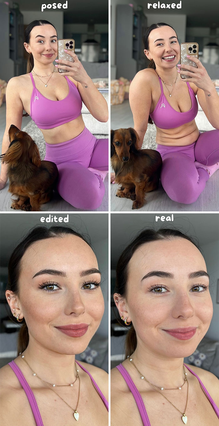 Influencer's Instagram vs reality scenarios with posed, relaxed, edited, and real photos, for body positivity.