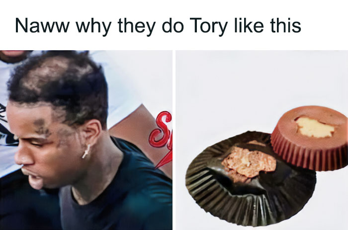 A cringe meme comparing a person's hairstyle to a partially eaten chocolate peanut butter cup.
