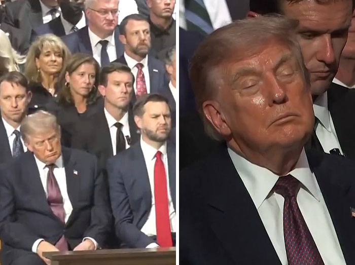 Donald Trump seems to be sleeping during Lindsey Graham's funeral service.