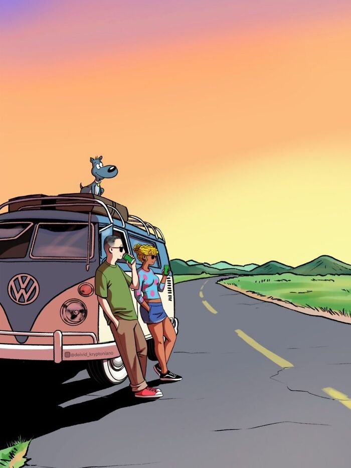 An artist's reimagining of Doug Funnie and Patti Mayonnaise as adults, standing by a vintage van on a roadside at sunset.