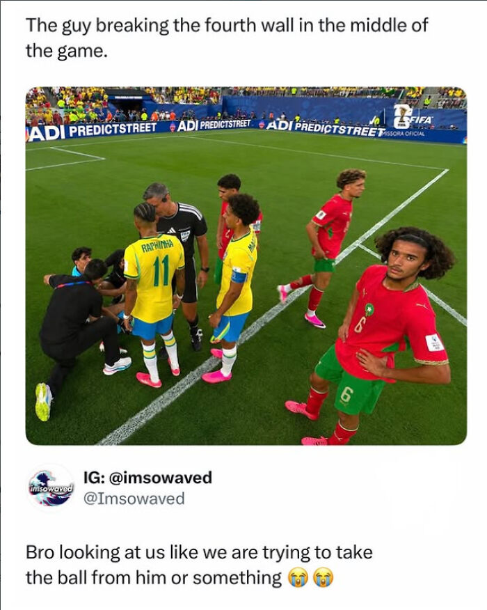 A World Cup football fan tweet showing a player staring directly at the camera during a match.