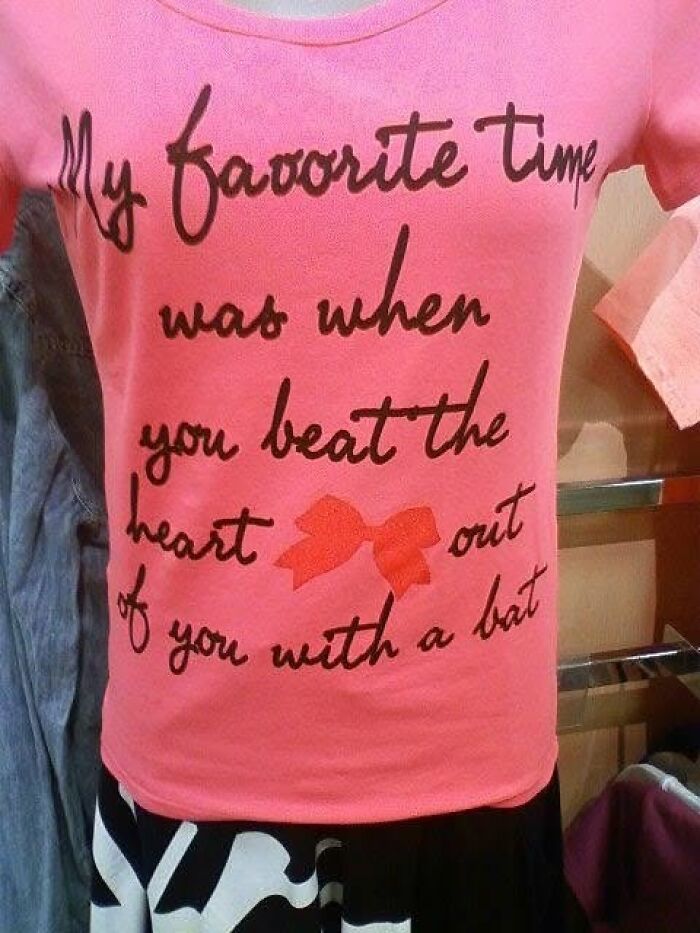 A pink t-shirt in Japan with a bizarre English phrase, a hilarious example of getting lost in translation.