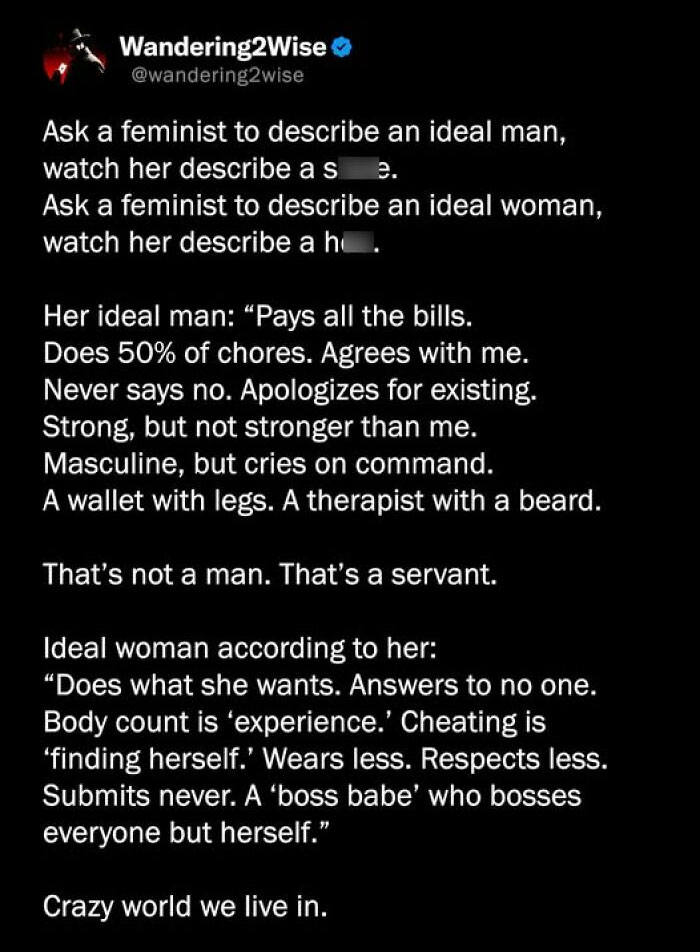A tweet describing ideal men and women, with text that shows funny examples of guys who think highly of themselves.