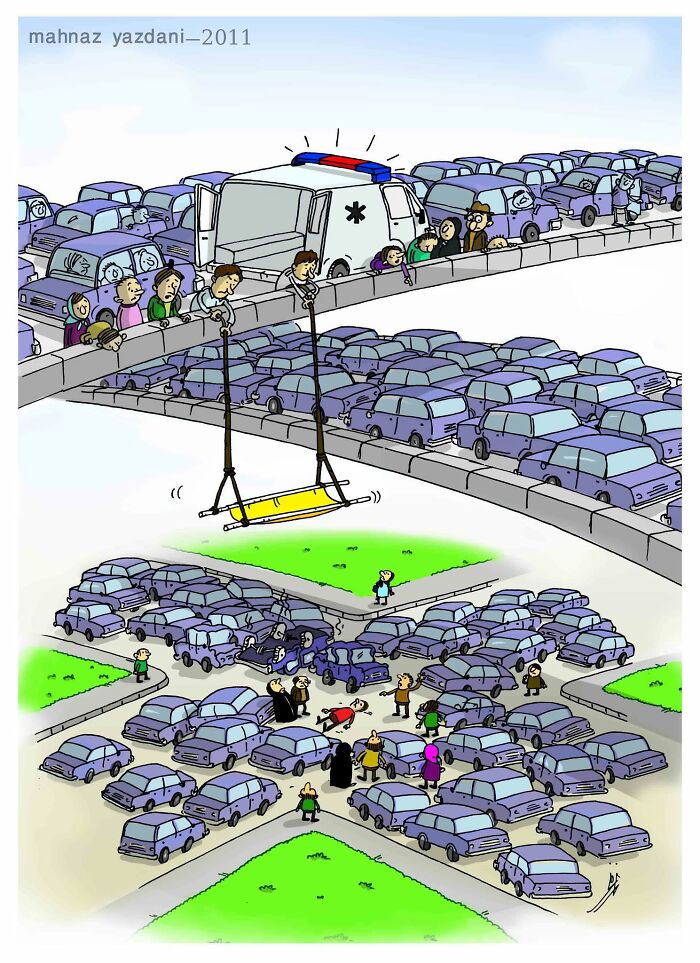 A satirical illustration showing an ambulance stuck in traffic, while people try to carry a stretcher over the cars, revealing modern society issues.