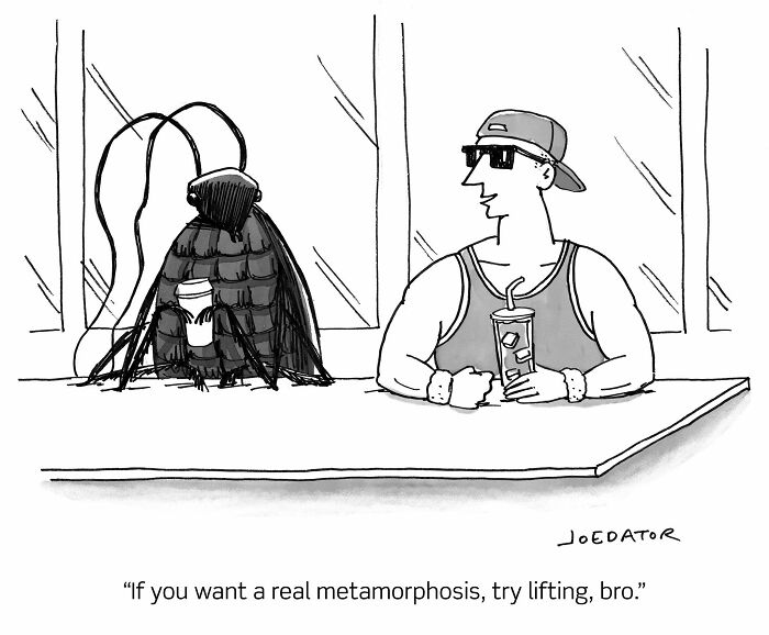A brilliant single panel cartoon showing a cockroach and a man at a table, with the man suggesting lifting for metamorphosis.