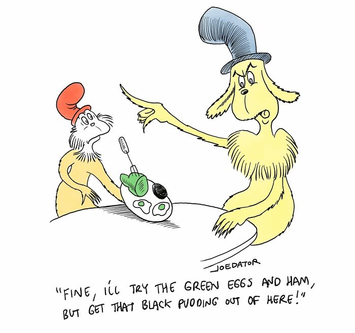 A brilliant single panel cartoon parodying Green Eggs and Ham, with the character refusing black pudding.
