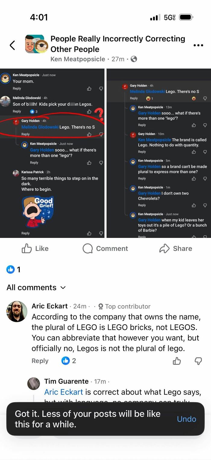 A Facebook post showing people correcting someone online about the plural of LEGO.