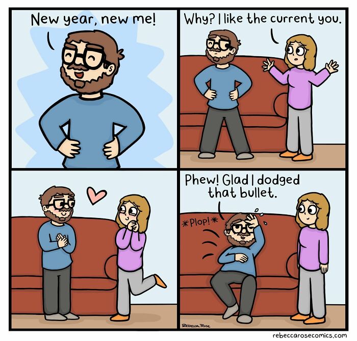 Rebecca Rose comics on New Year's resolutions, capturing awkward and laugh-out-loud relationship moments.